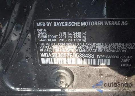 2014 BMW 535I xDrive из США, поврежденный, VIN WBA5B3C57ED538488